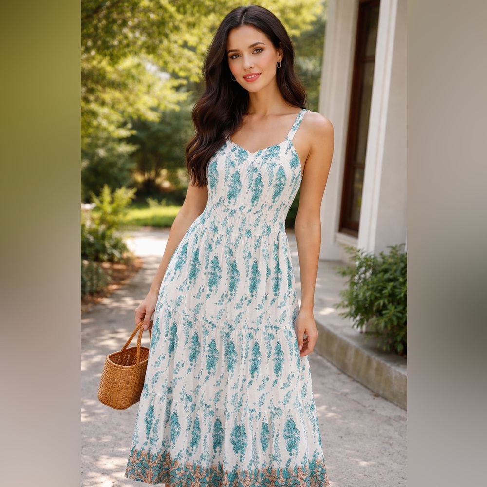 Cralora Maxi Strap Dress by Cream S/M Boho Floral Tiered Maxi Sundress NWT